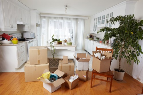Careful packing of household items with boxes and wrapping materials